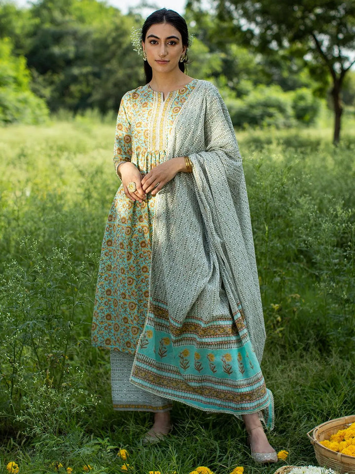 Green Printed Cotton Suit Set - Libas