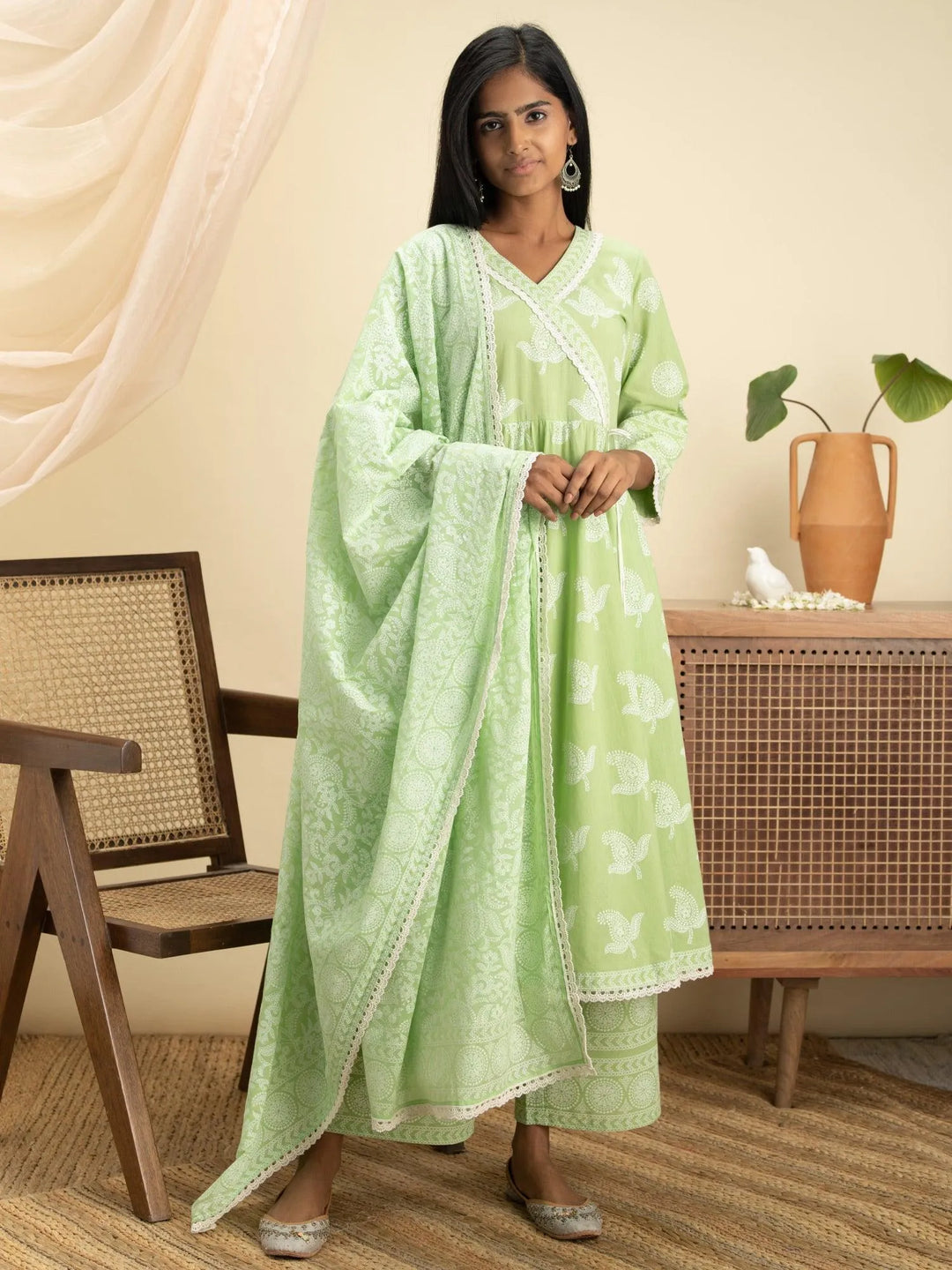 Green Printed Cotton Suit Set - Libas 