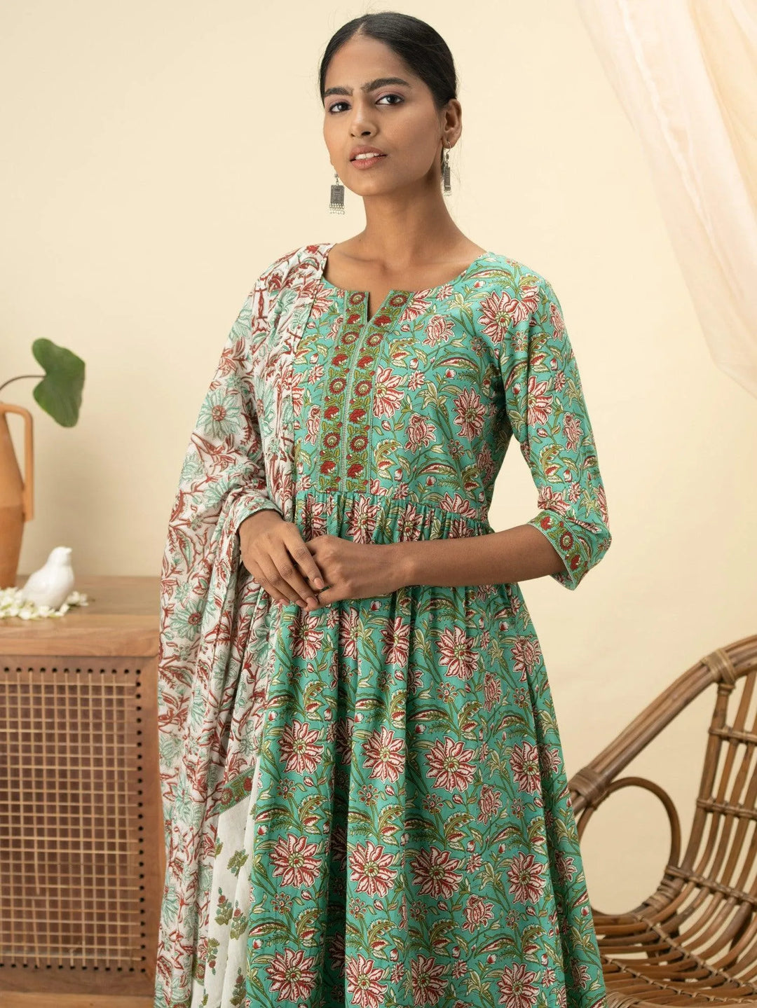 Green Printed Cotton Suit Set - Libas 