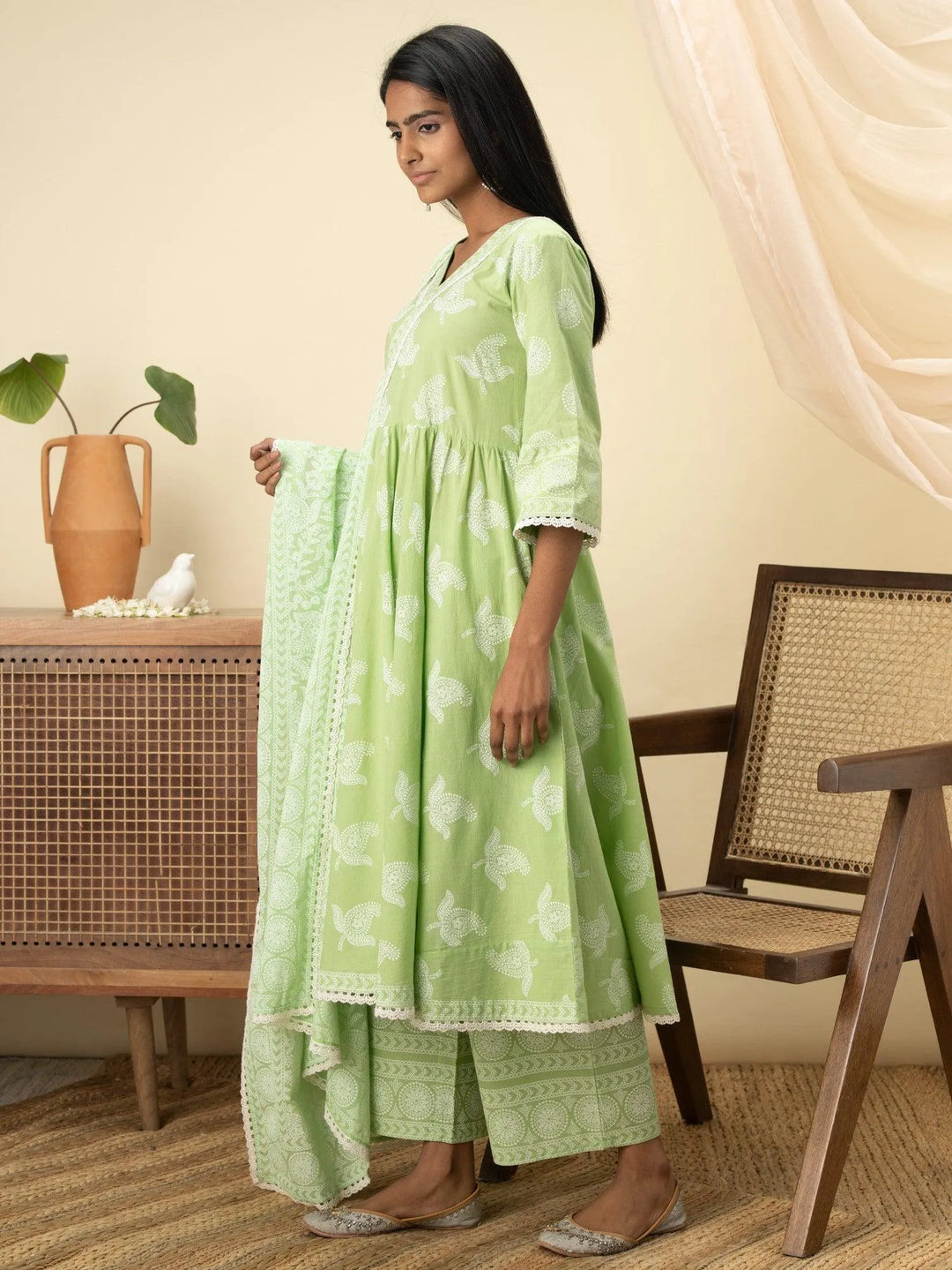 Green Printed Cotton Suit Set - Libas 