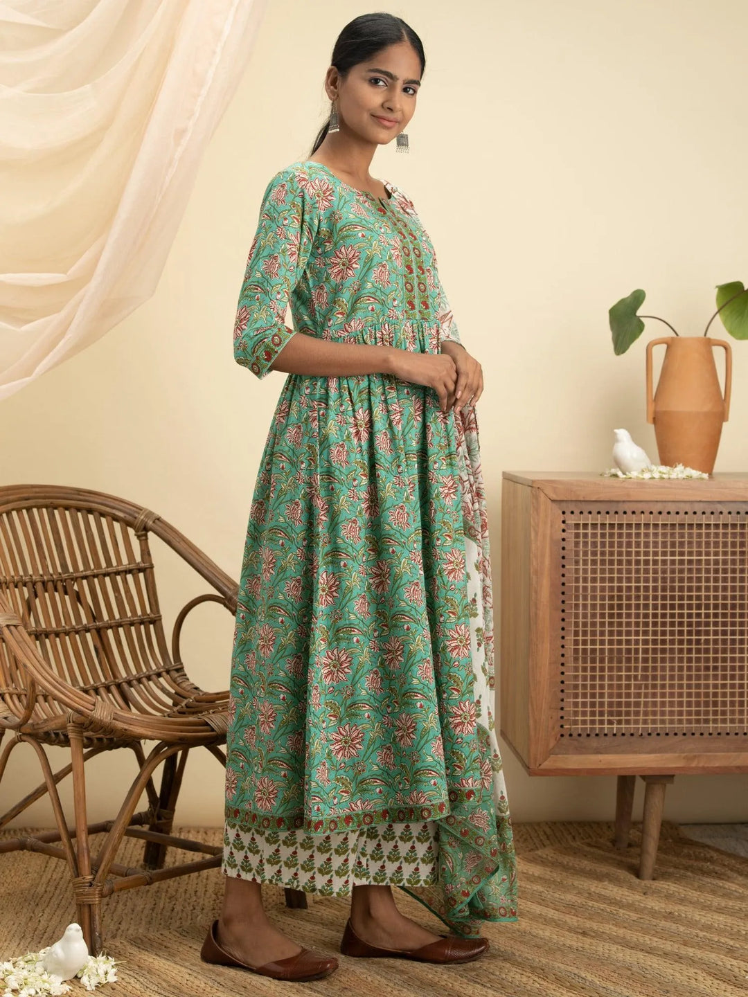 Green Printed Cotton Suit Set - Libas