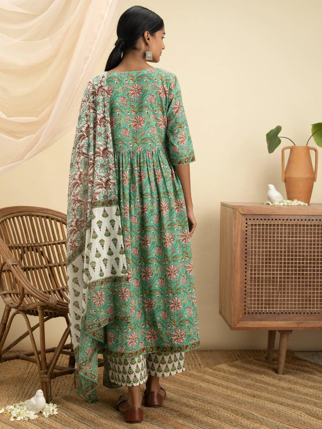 Green Printed Cotton Suit Set - Libas 