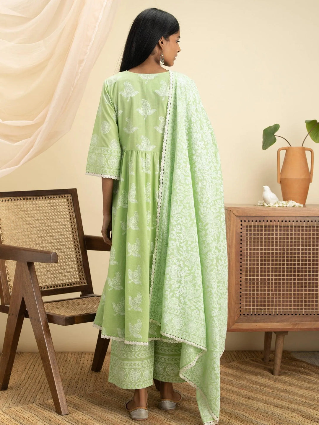 Green Printed Cotton Suit Set - Libas 