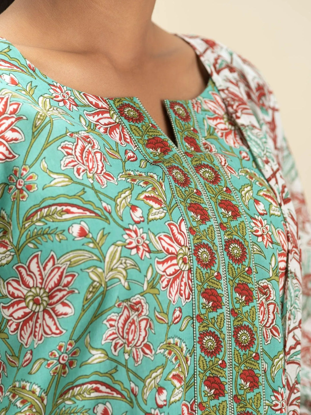 Green Printed Cotton Suit Set - Libas 