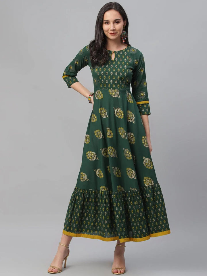 Green Printed Cotton Dress - Libas