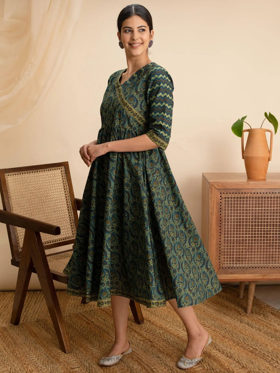 Green Printed Cotton Dress - Libas