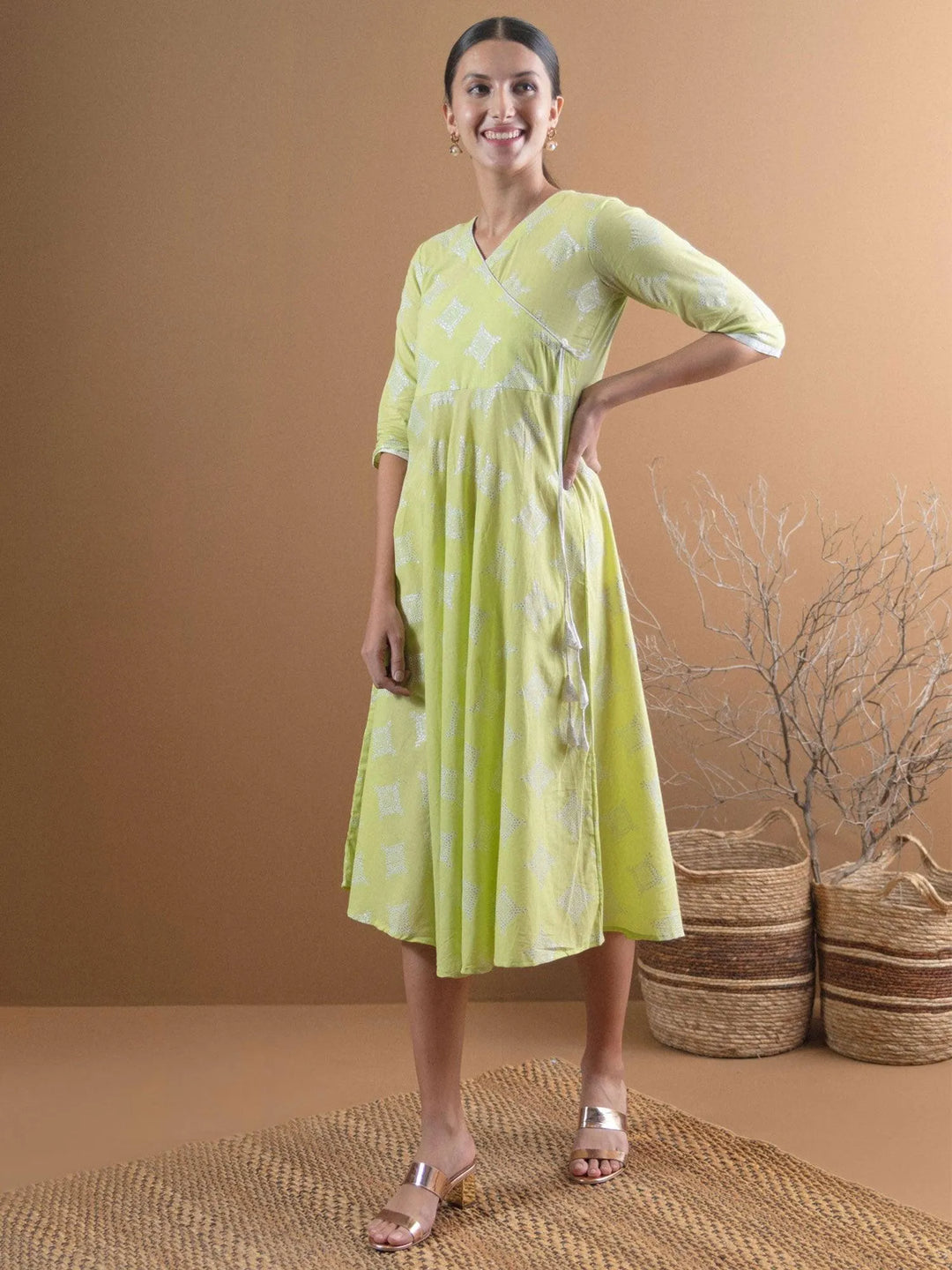 Green Printed Cotton Dress - Libas