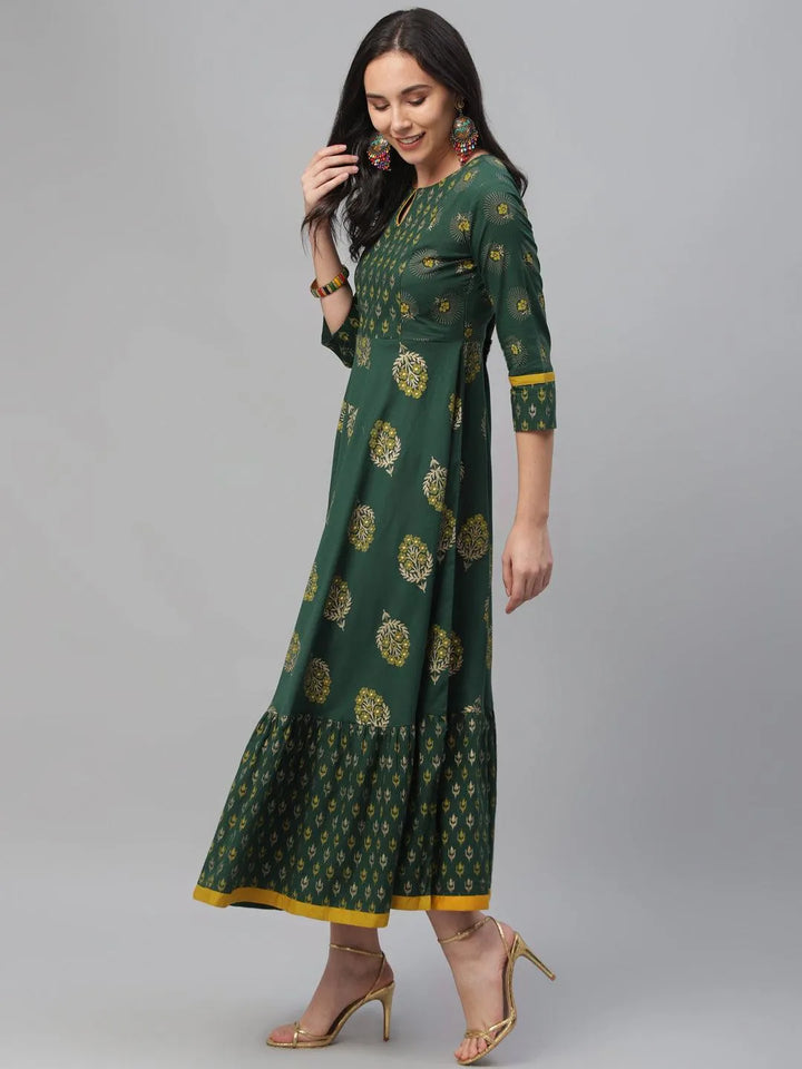 Green Printed Cotton Dress - Libas