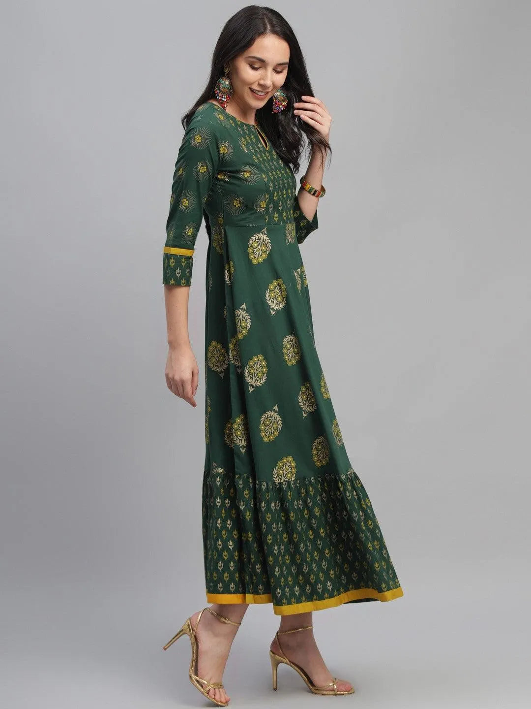 Green Printed Cotton Dress - Libas