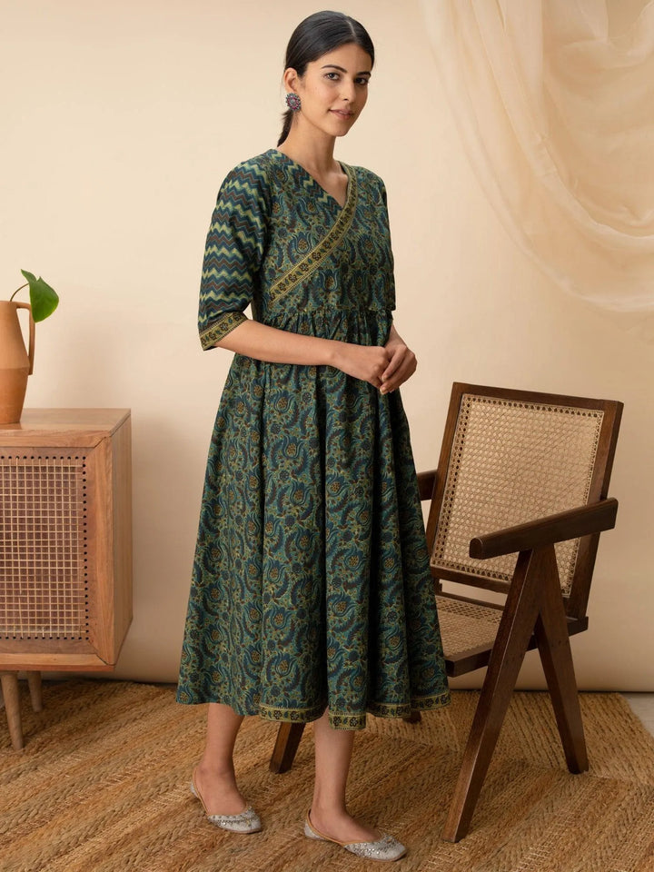 Green Printed Cotton Dress - Libas