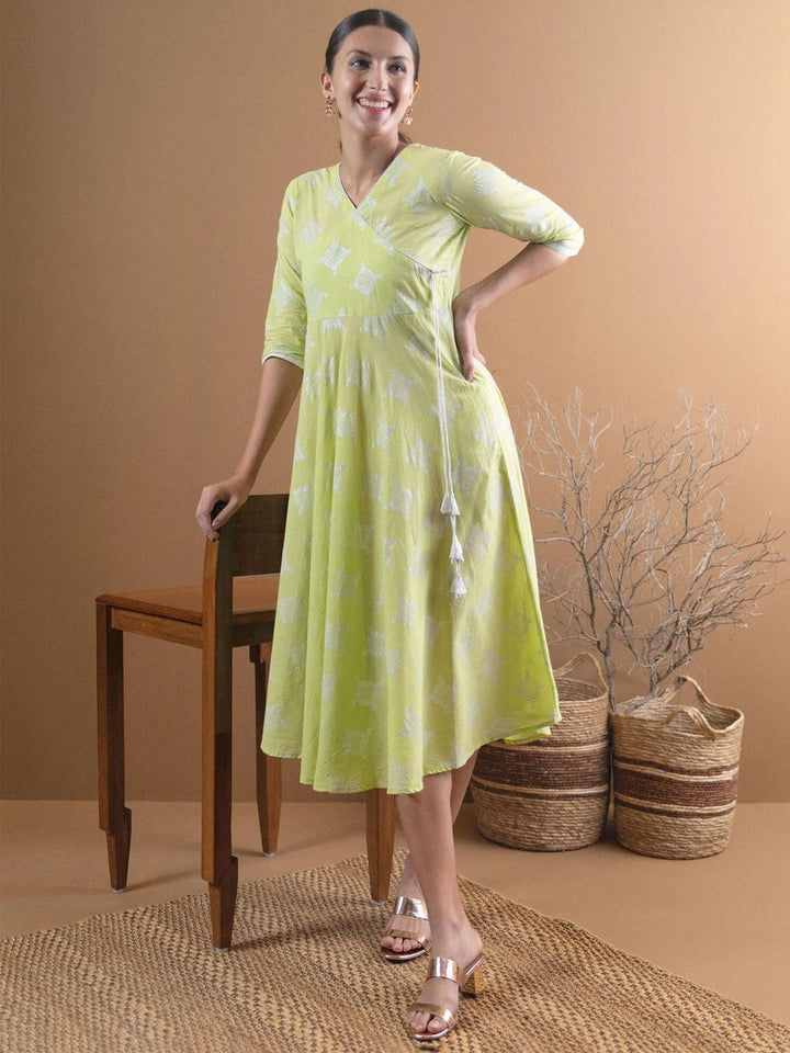 Green Printed Cotton Dress - Libas