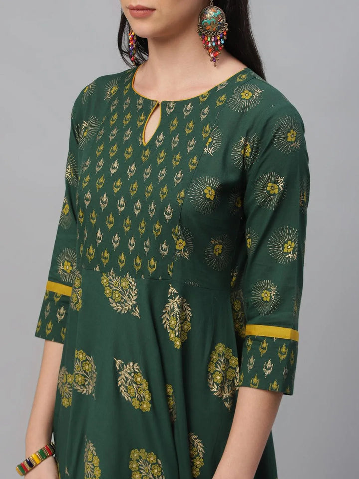 Green Printed Cotton Dress - Libas