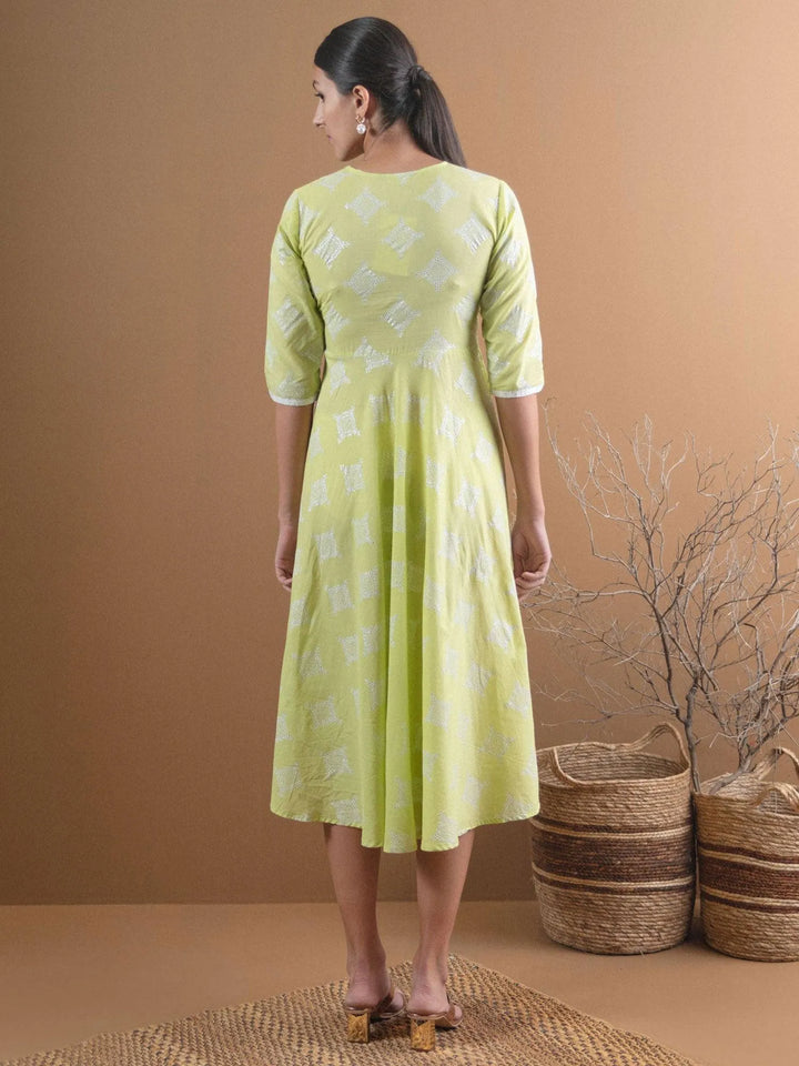 Green Printed Cotton Dress - Libas