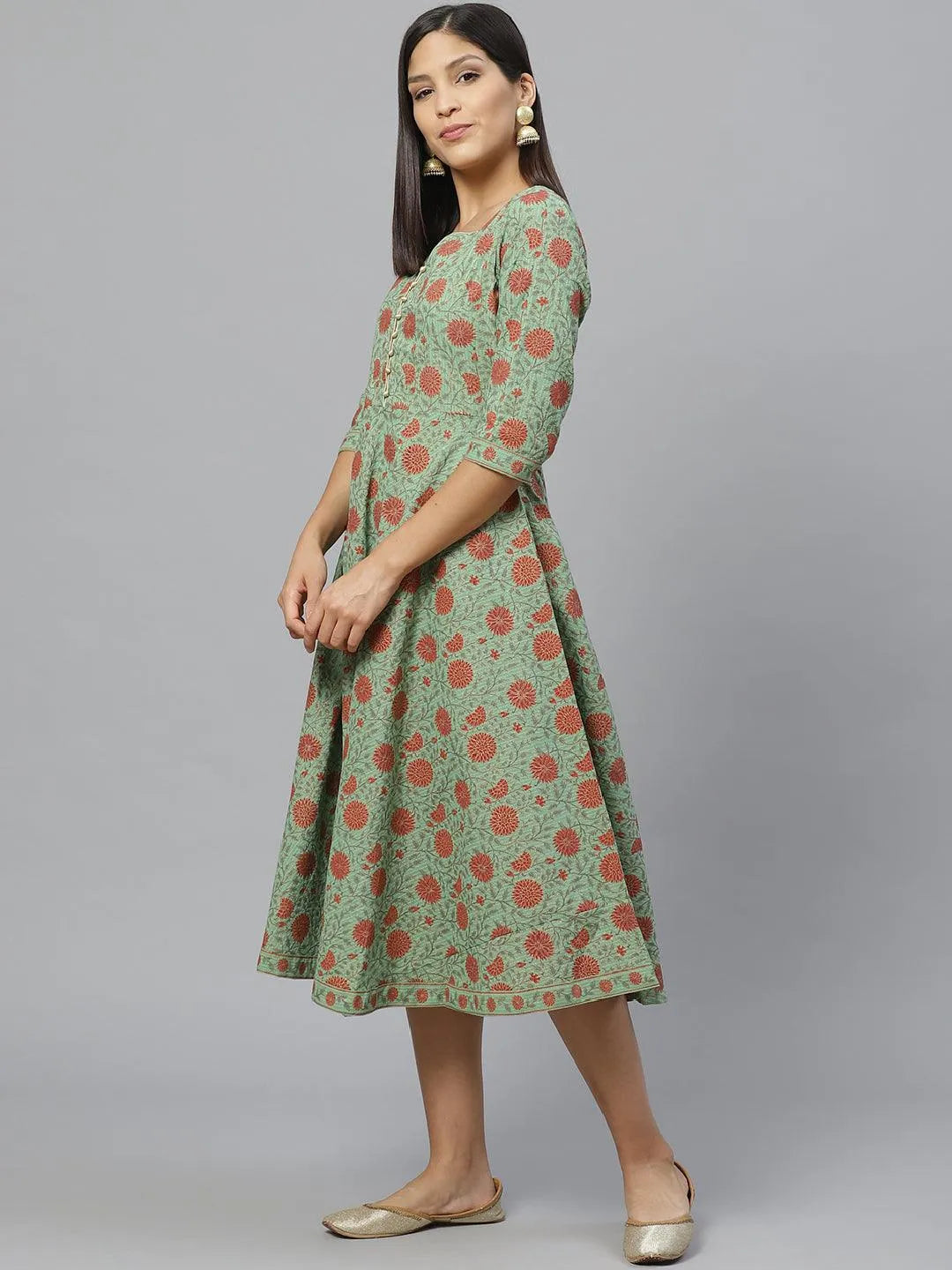 Green Printed Cotton Dress With Mask - Libas