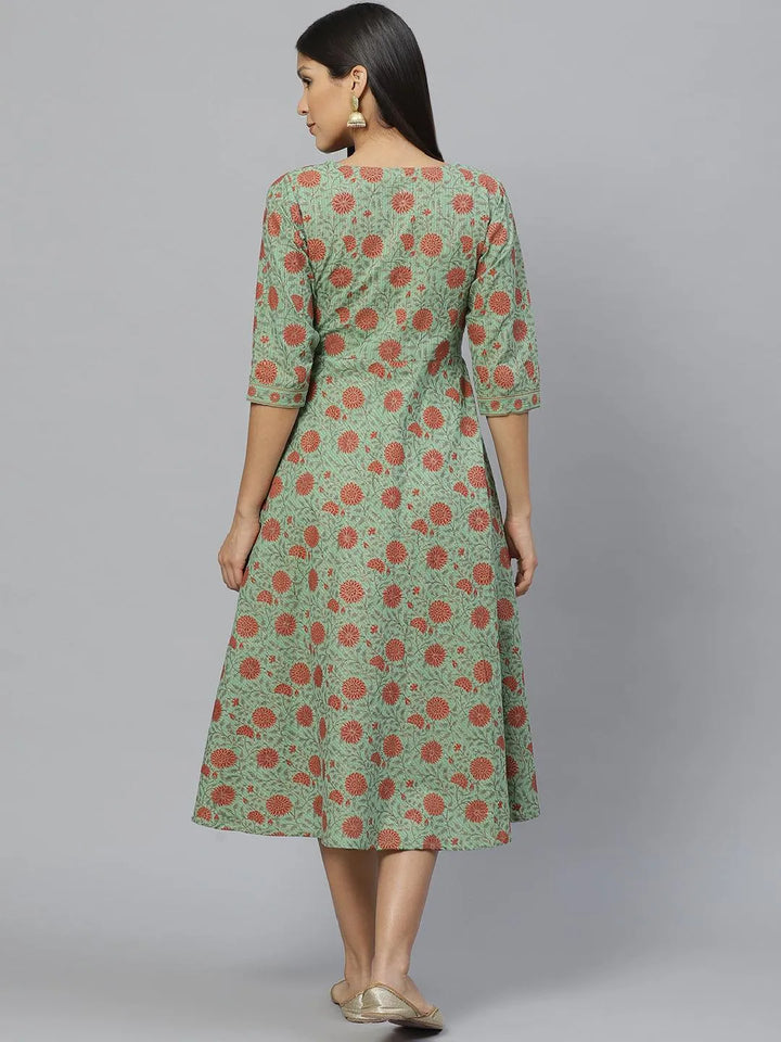 Green Printed Cotton Dress With Mask - Libas