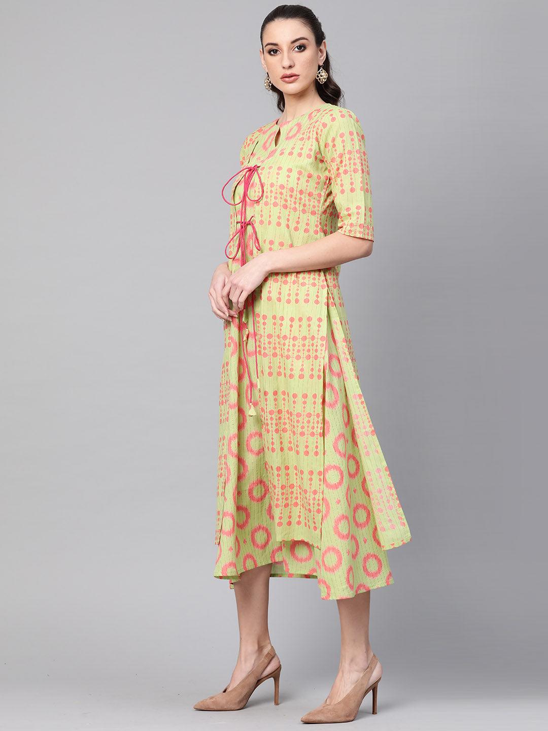 Green Printed Cotton Dress With Shrug - Libas