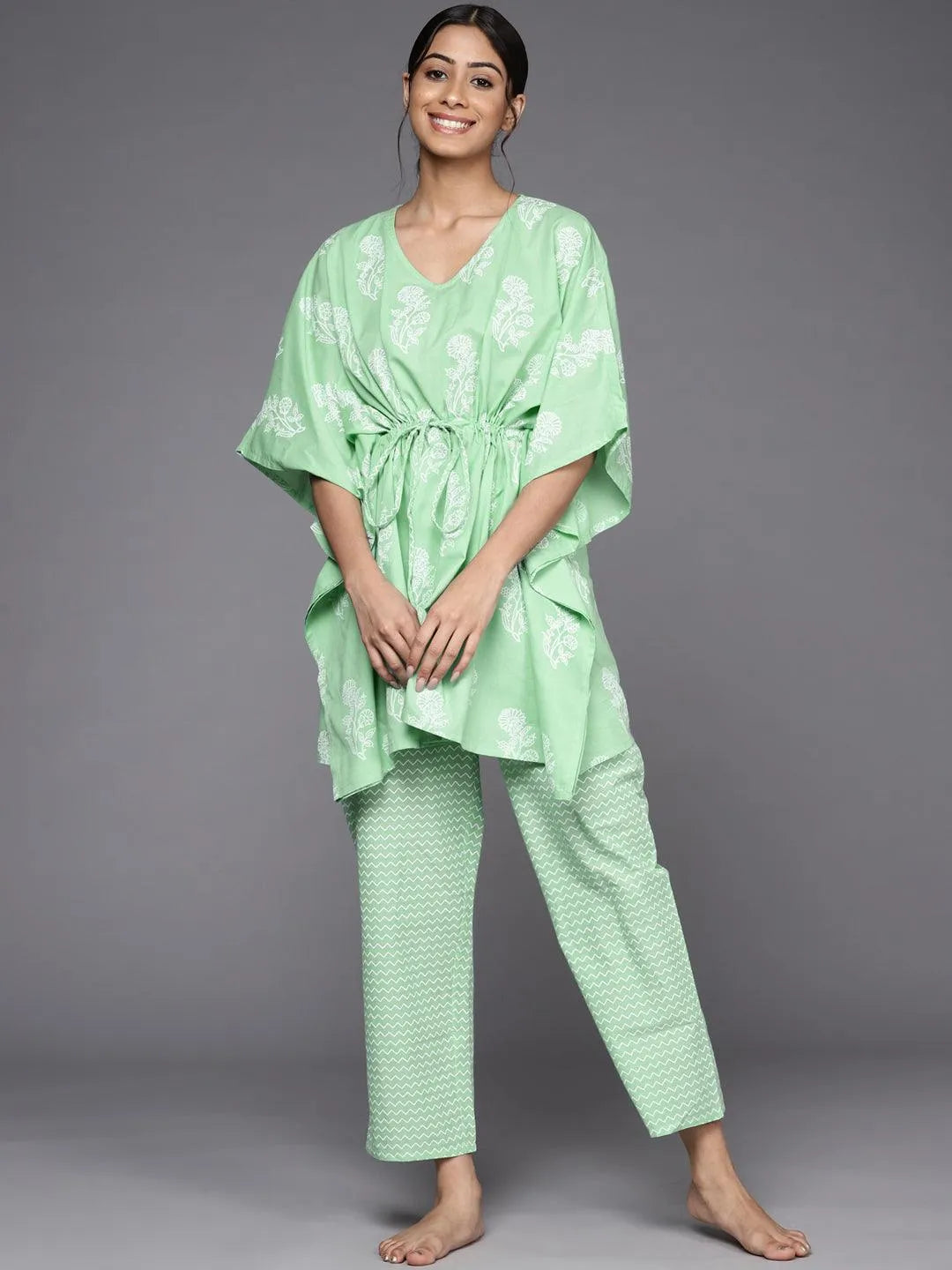 Green Printed Cotton Night Suit - Libas