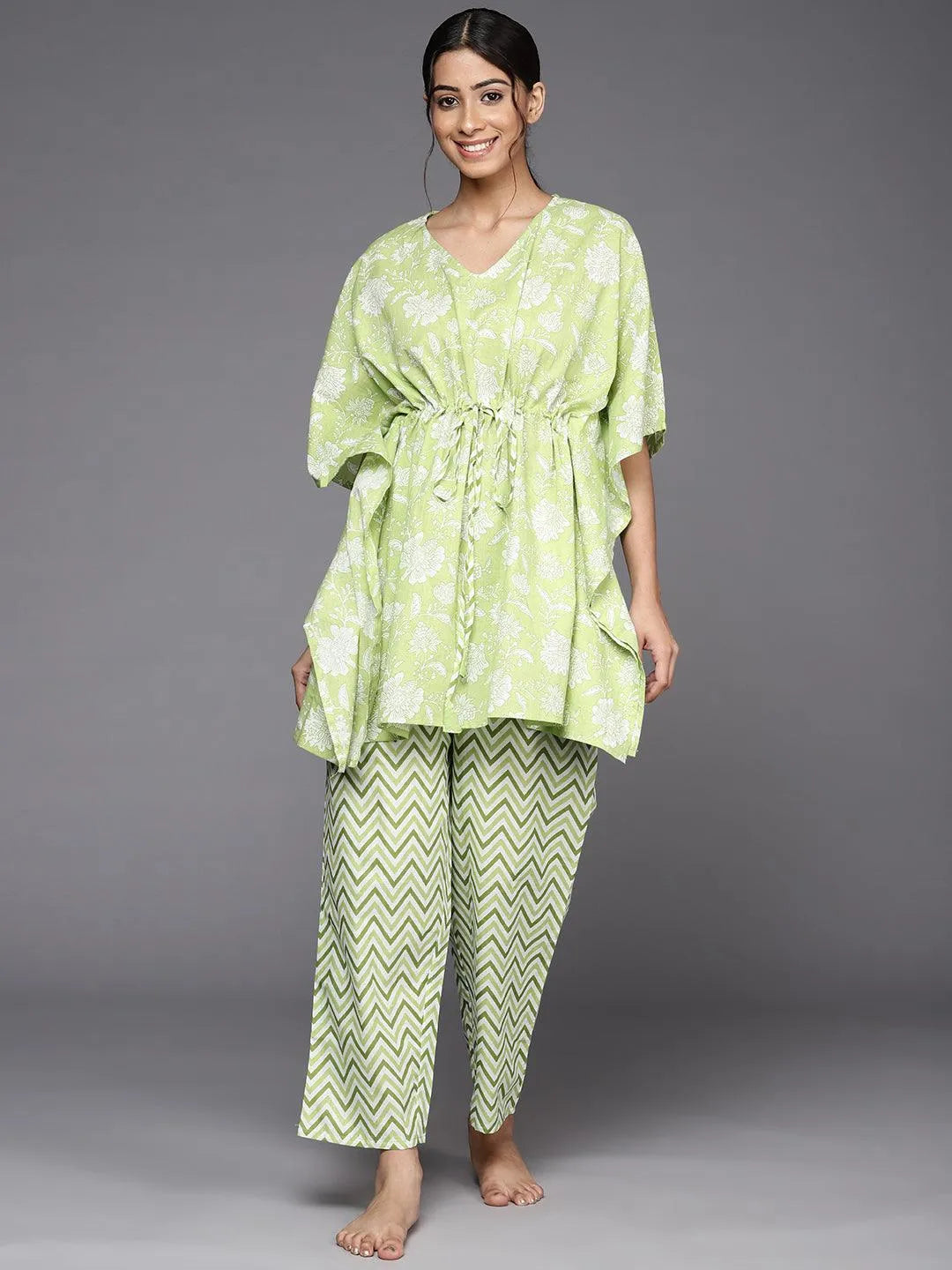 Green Printed Cotton Night Suit - Libas 