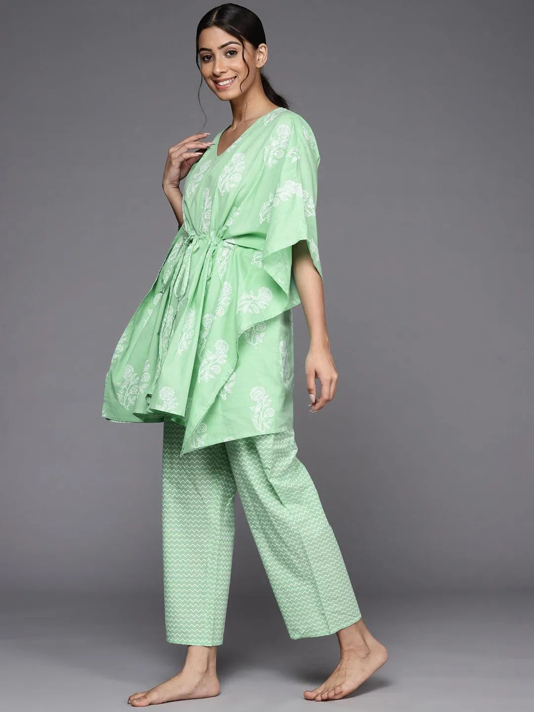 Green Printed Cotton Night Suit - Libas 