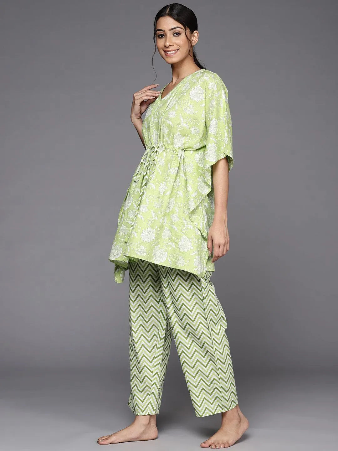 Green Printed Cotton Night Suit - Libas 