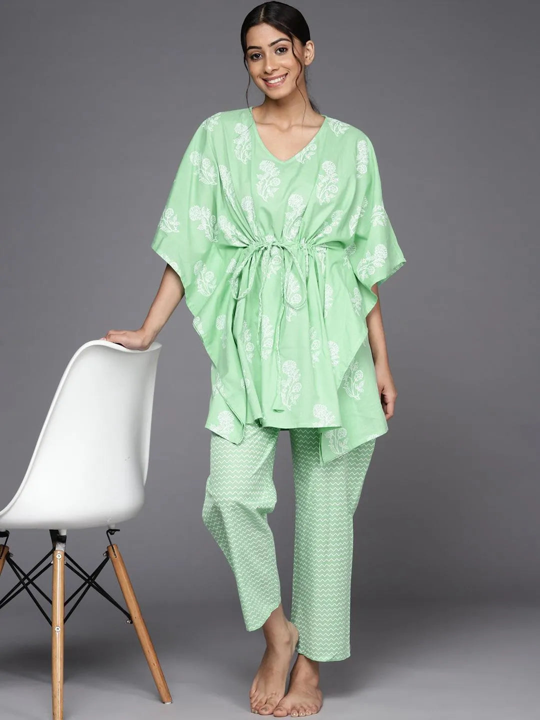 Green Printed Cotton Night Suit - Libas 