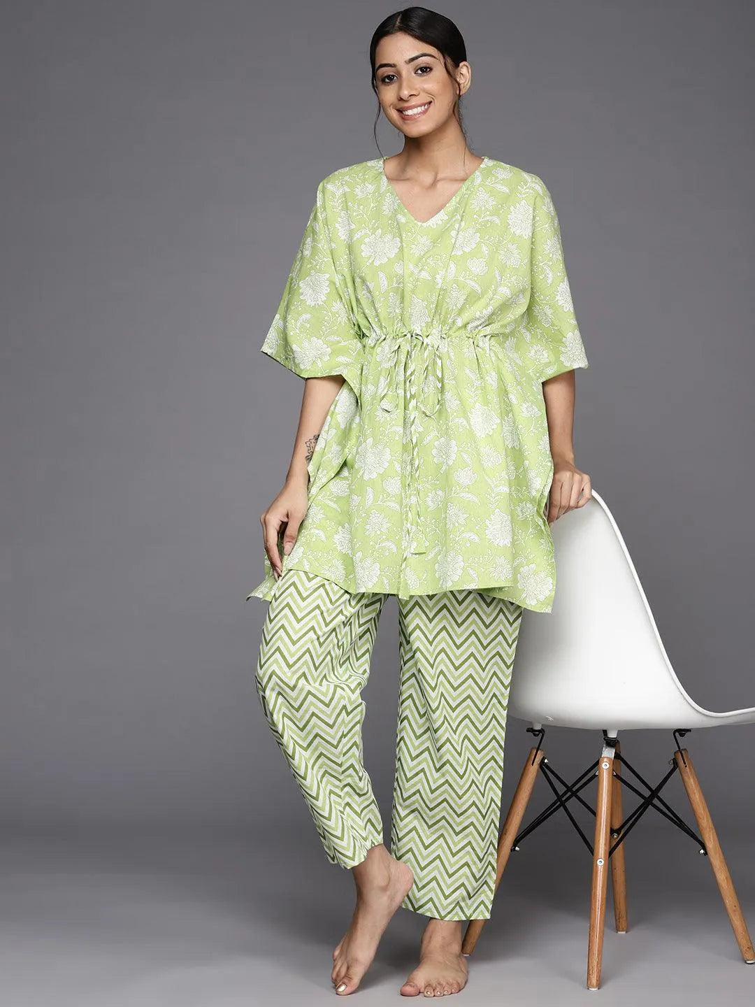 Green Printed Cotton Night Suit - Libas 