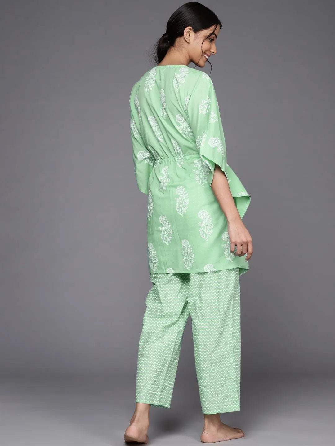 Green Printed Cotton Night Suit - Libas 