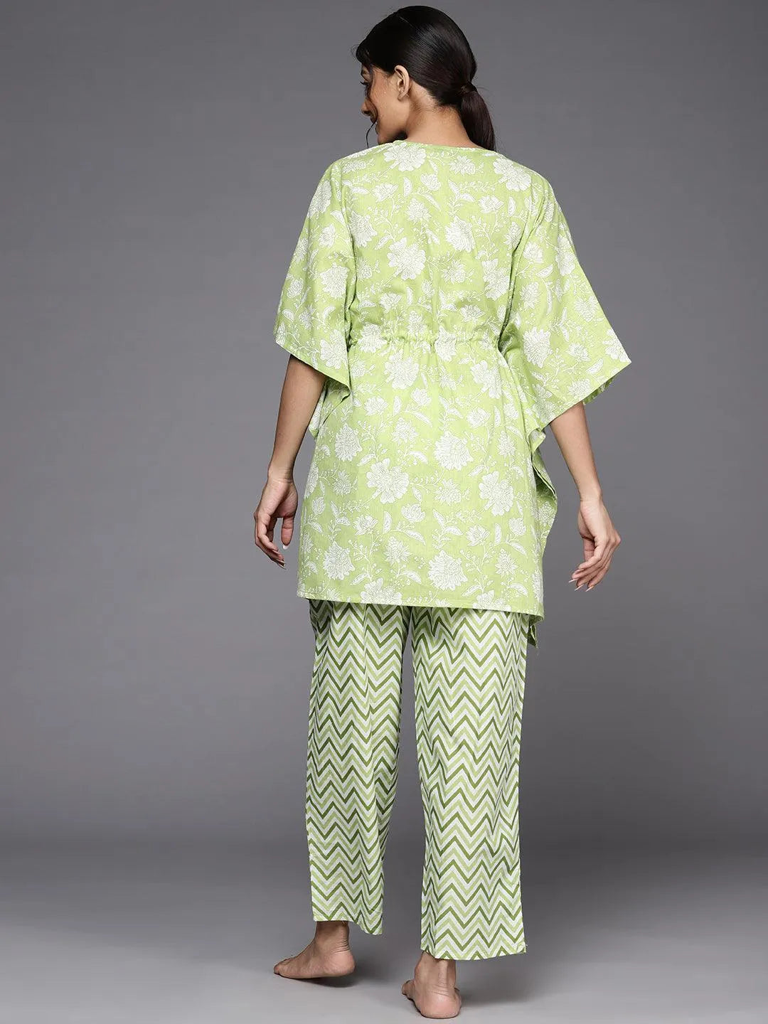 Green Printed Cotton Night Suit - Libas 