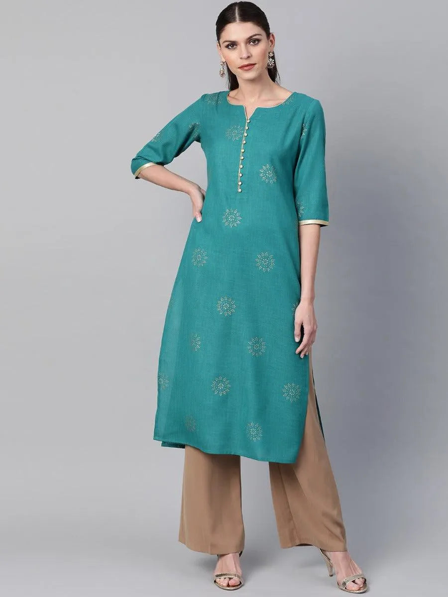 Green Printed Cotton Kurta - Libas