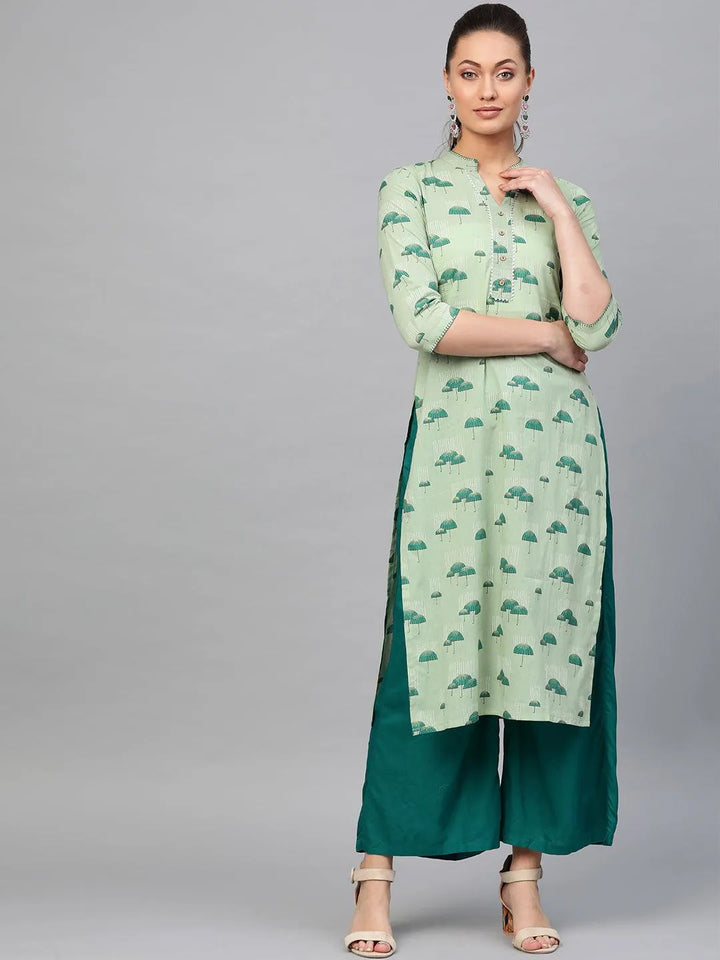 Green Printed Cotton Kurta - Libas