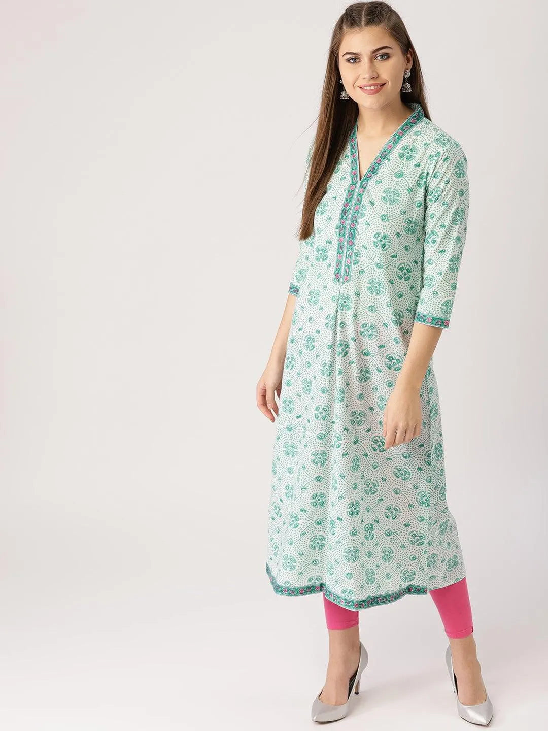 Green Printed Cotton Kurta - Libas