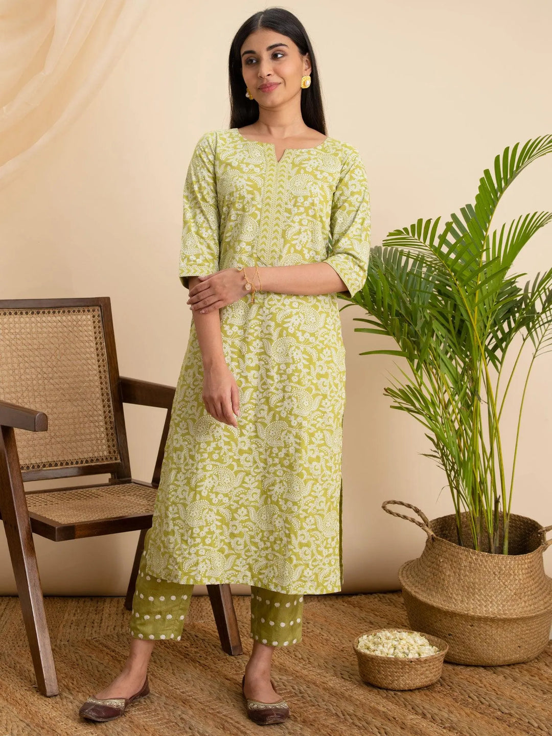 Green Printed Cotton Kurta - Libas