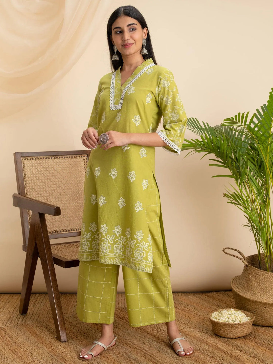 Green Printed Cotton Kurta - Libas