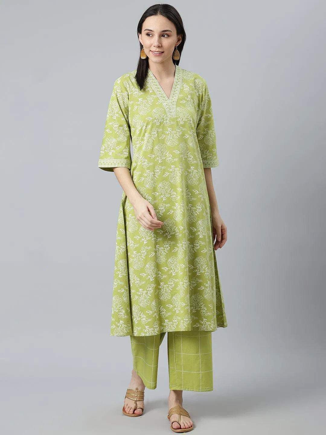 Green Printed Cotton Kurta - Libas