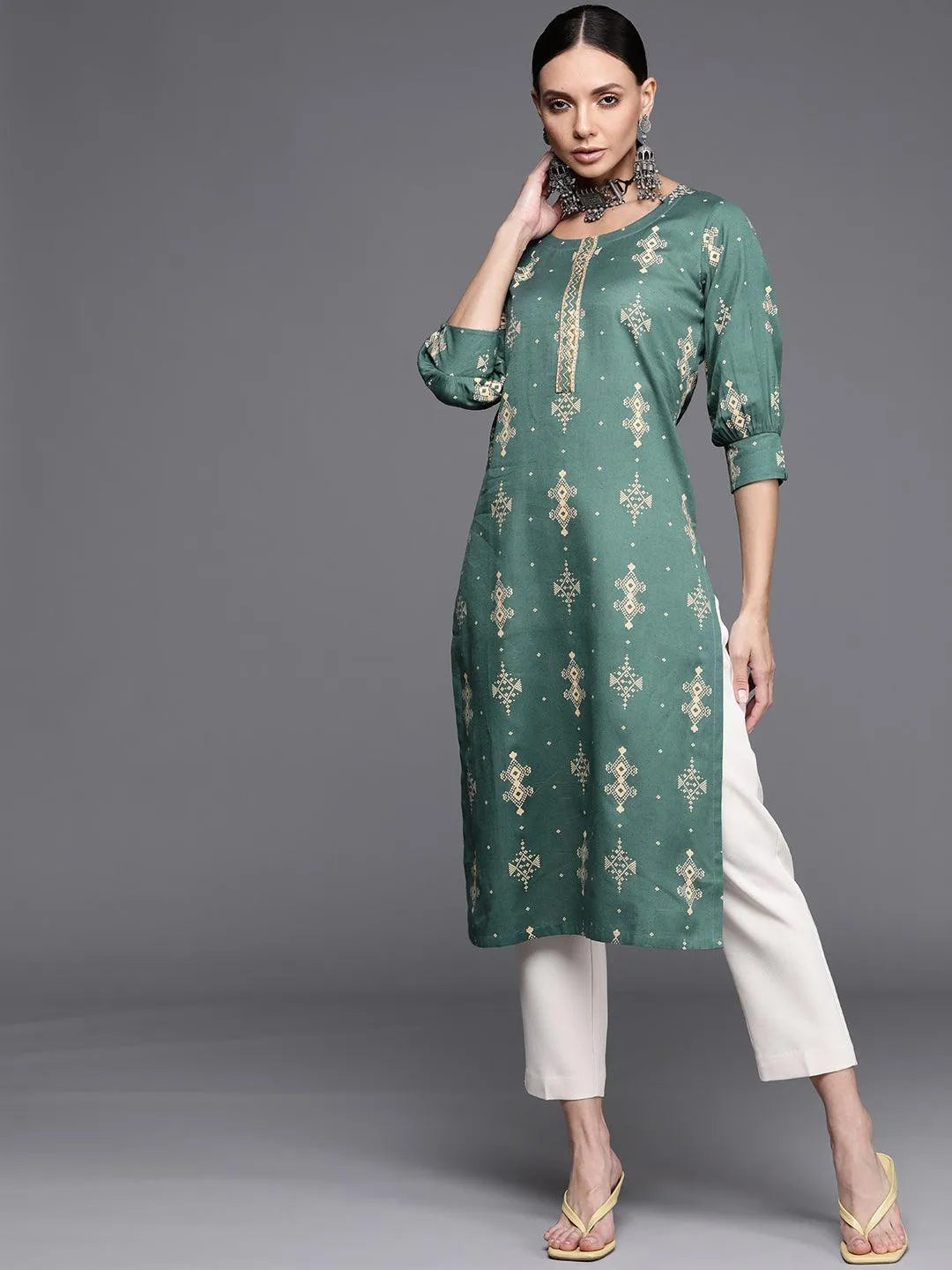 Green Printed Cotton Kurta - Libas