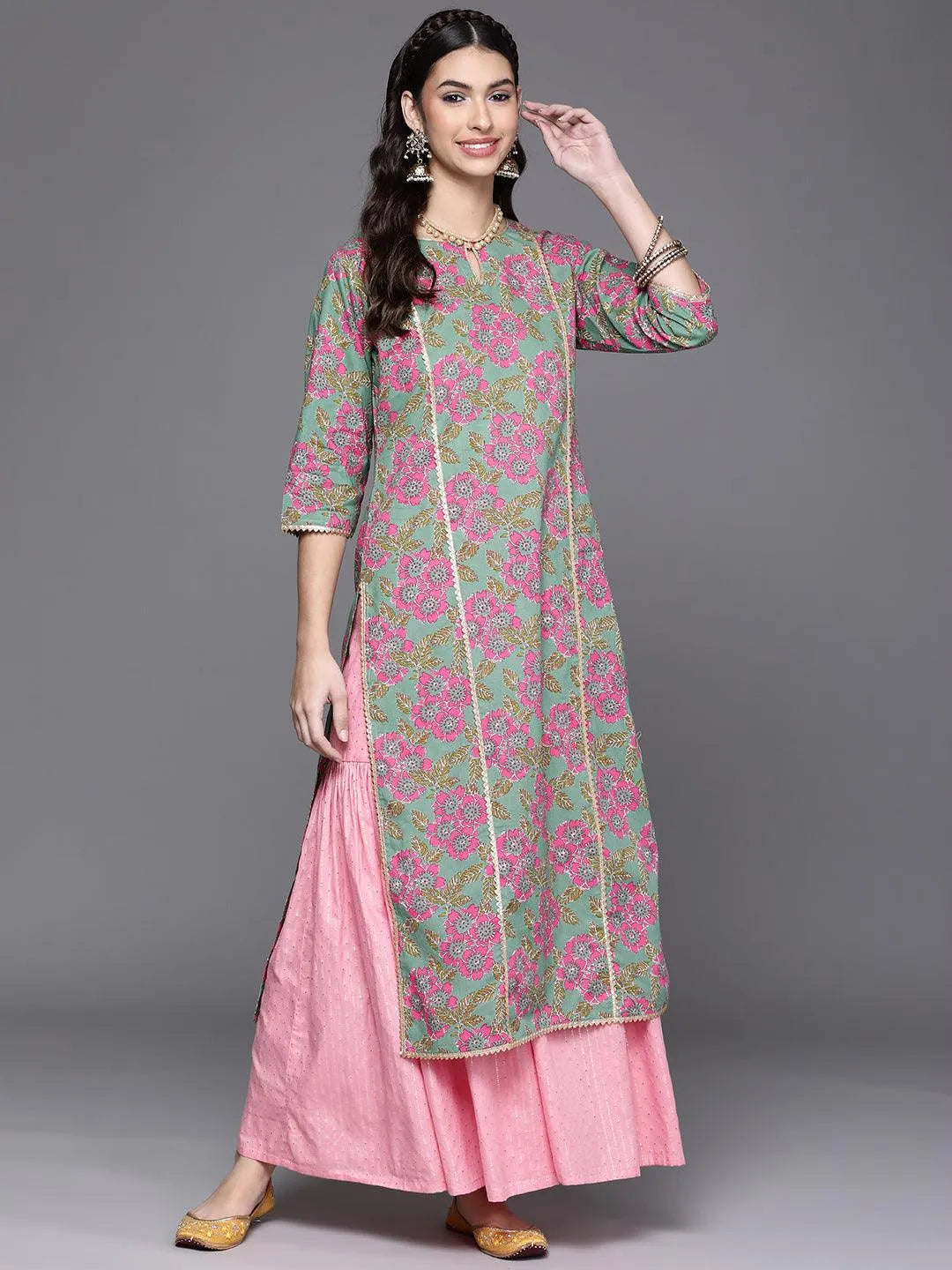 Green Printed Cotton Kurta - Libas