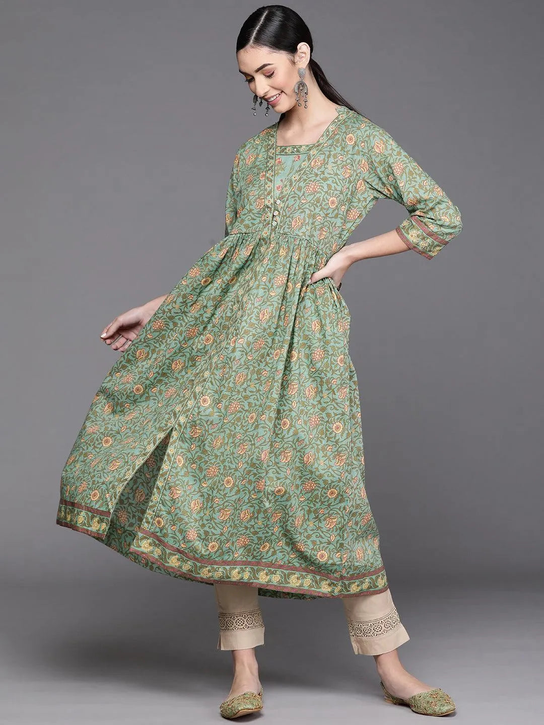 Green Printed Cotton Kurta - Libas 