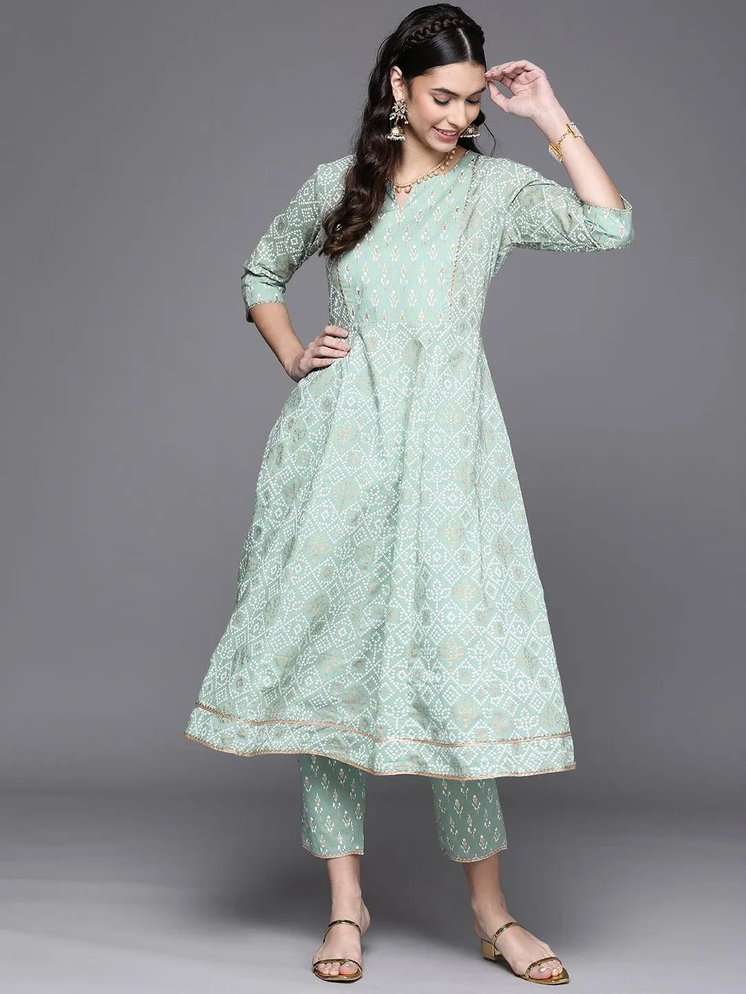 Green Printed Cotton Kurta - Libas