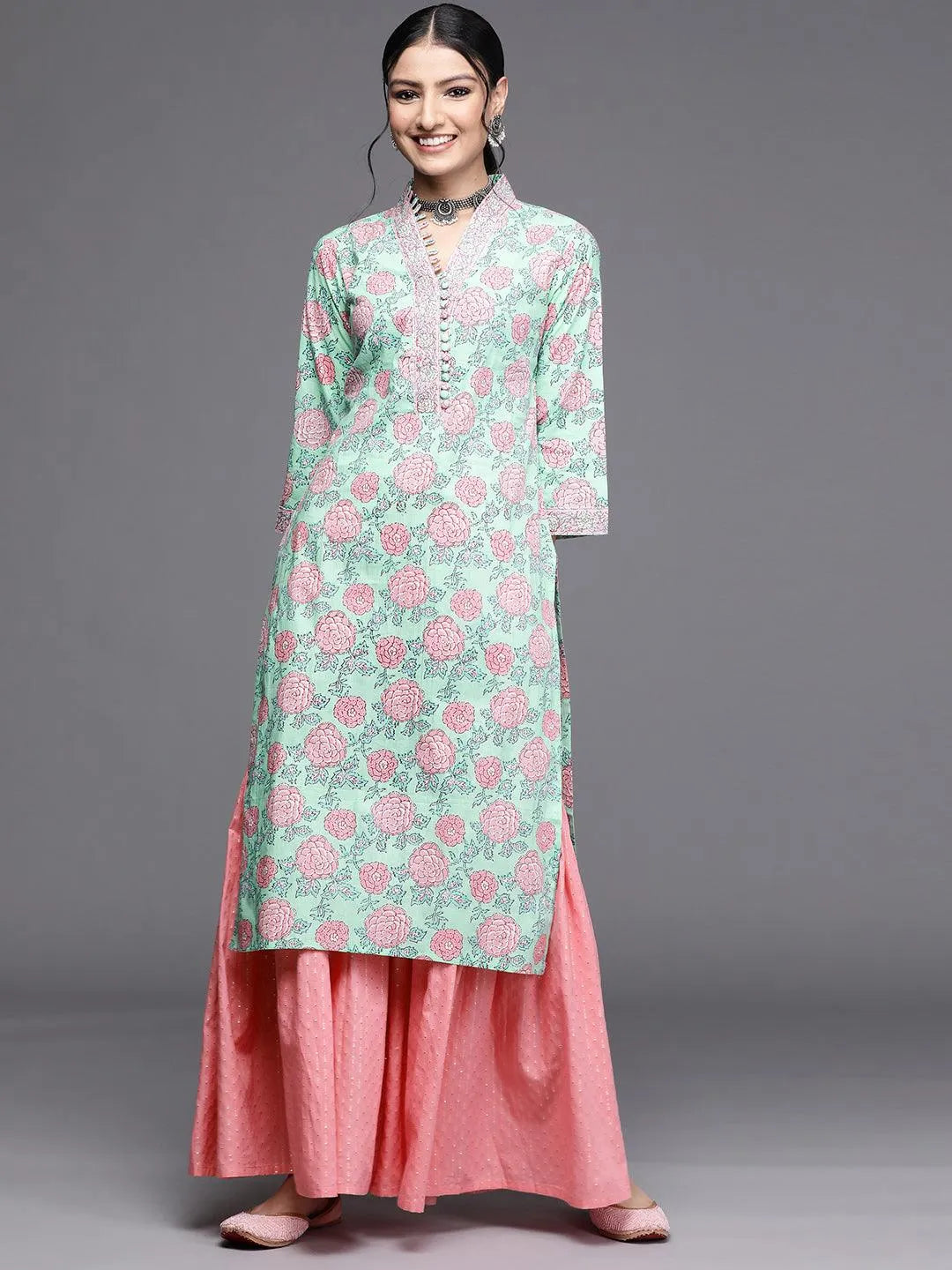 Green Printed Cotton Kurta - Libas