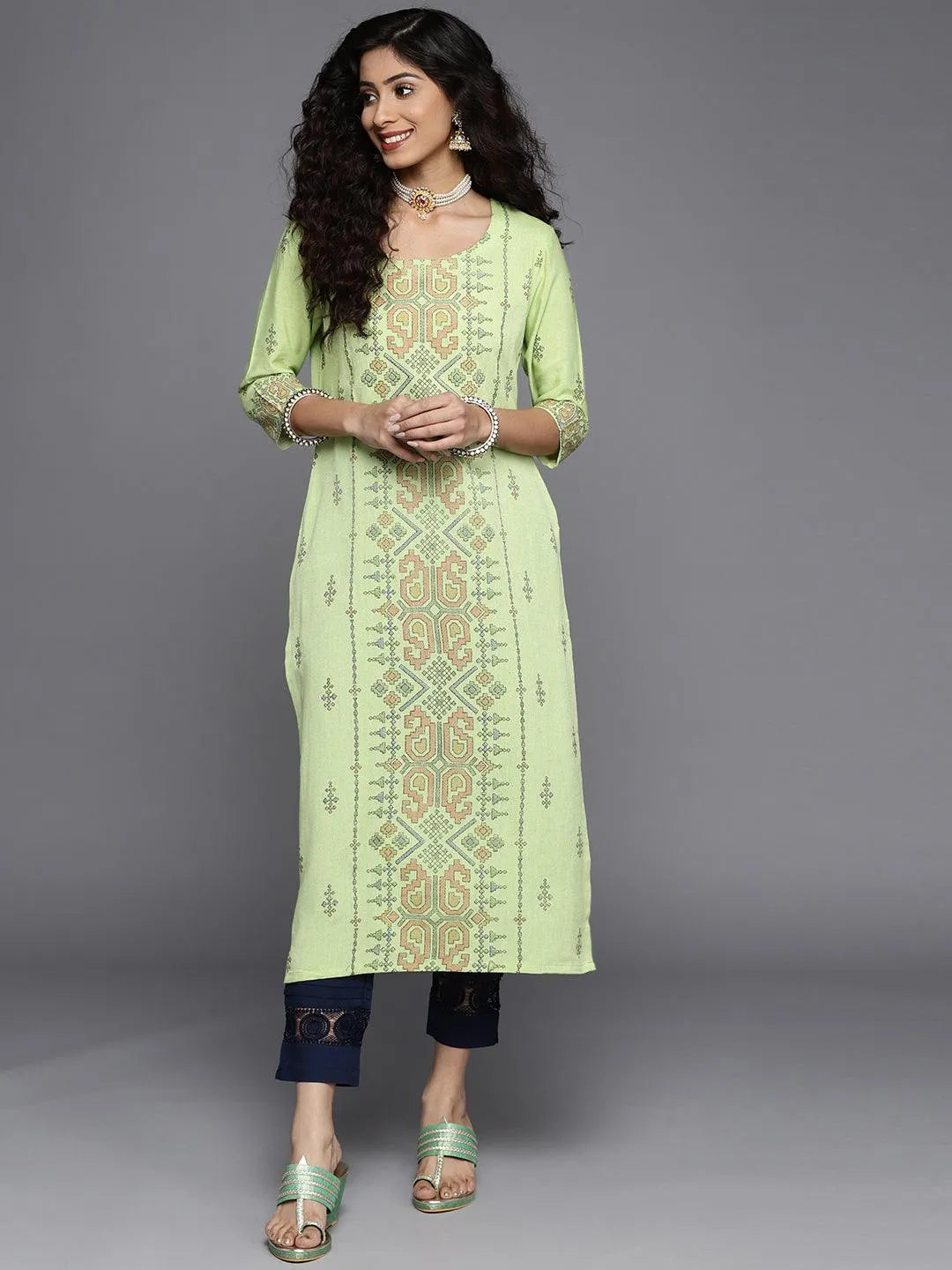 Green Printed Cotton Kurta - Libas