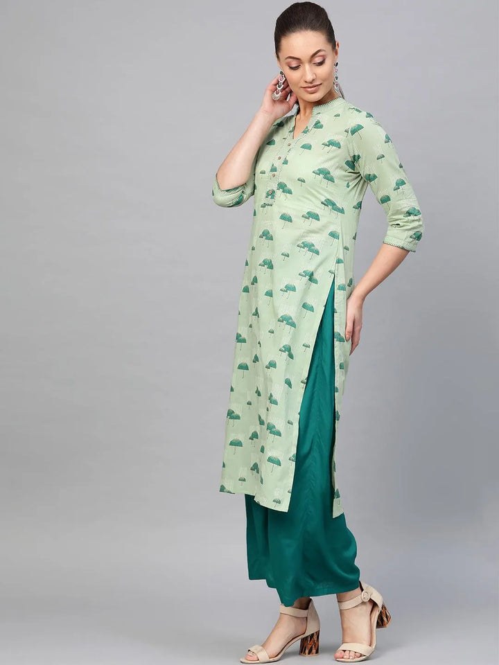 Green Printed Cotton Kurta - Libas