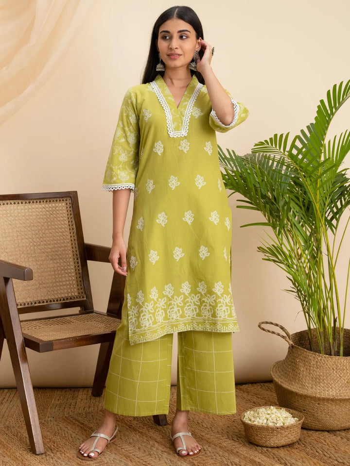 Green Printed Cotton Kurta - Libas