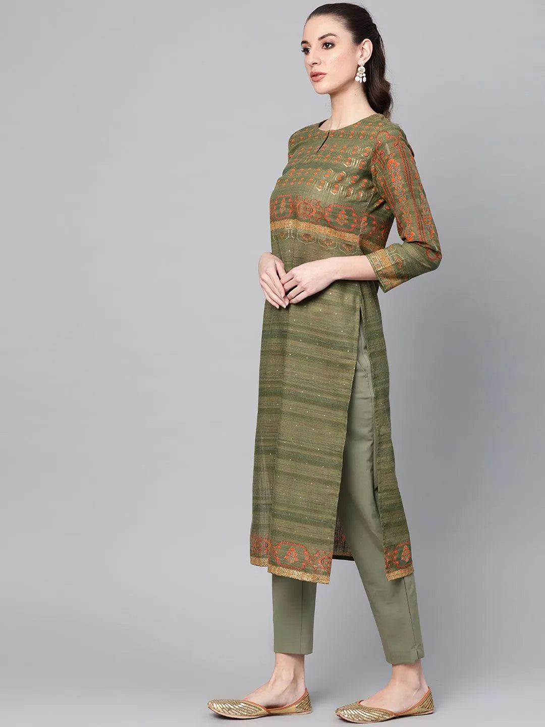 Green Printed Cotton Kurta - Libas