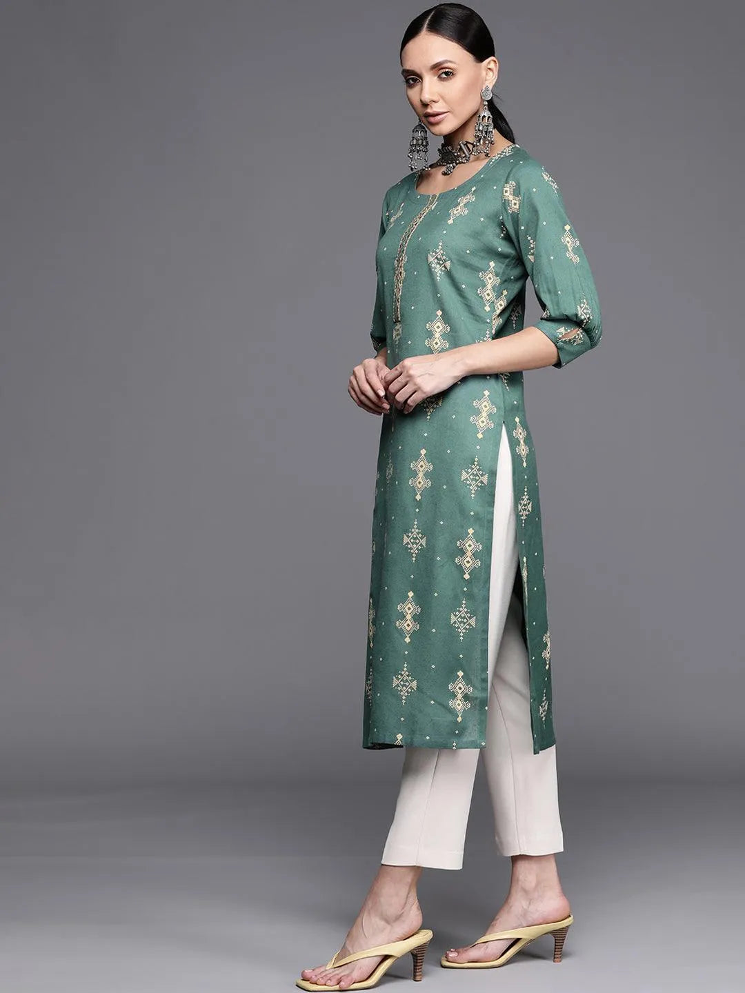 Green Printed Cotton Kurta - Libas