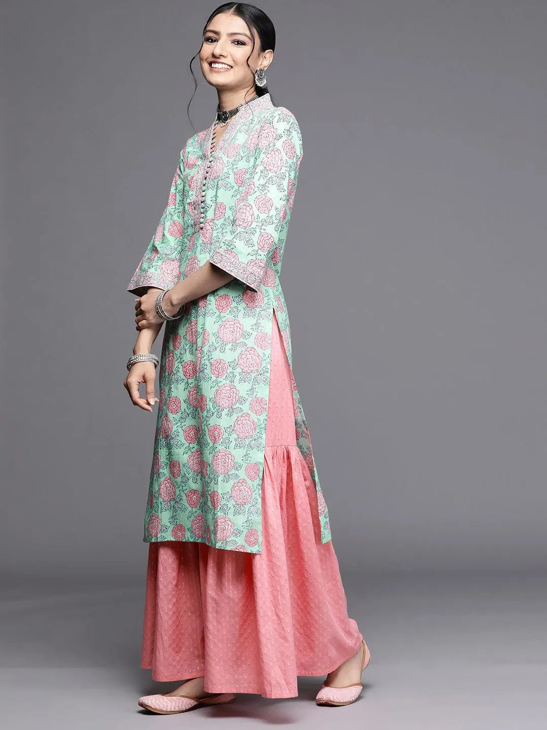 Green Printed Cotton Kurta - Libas 