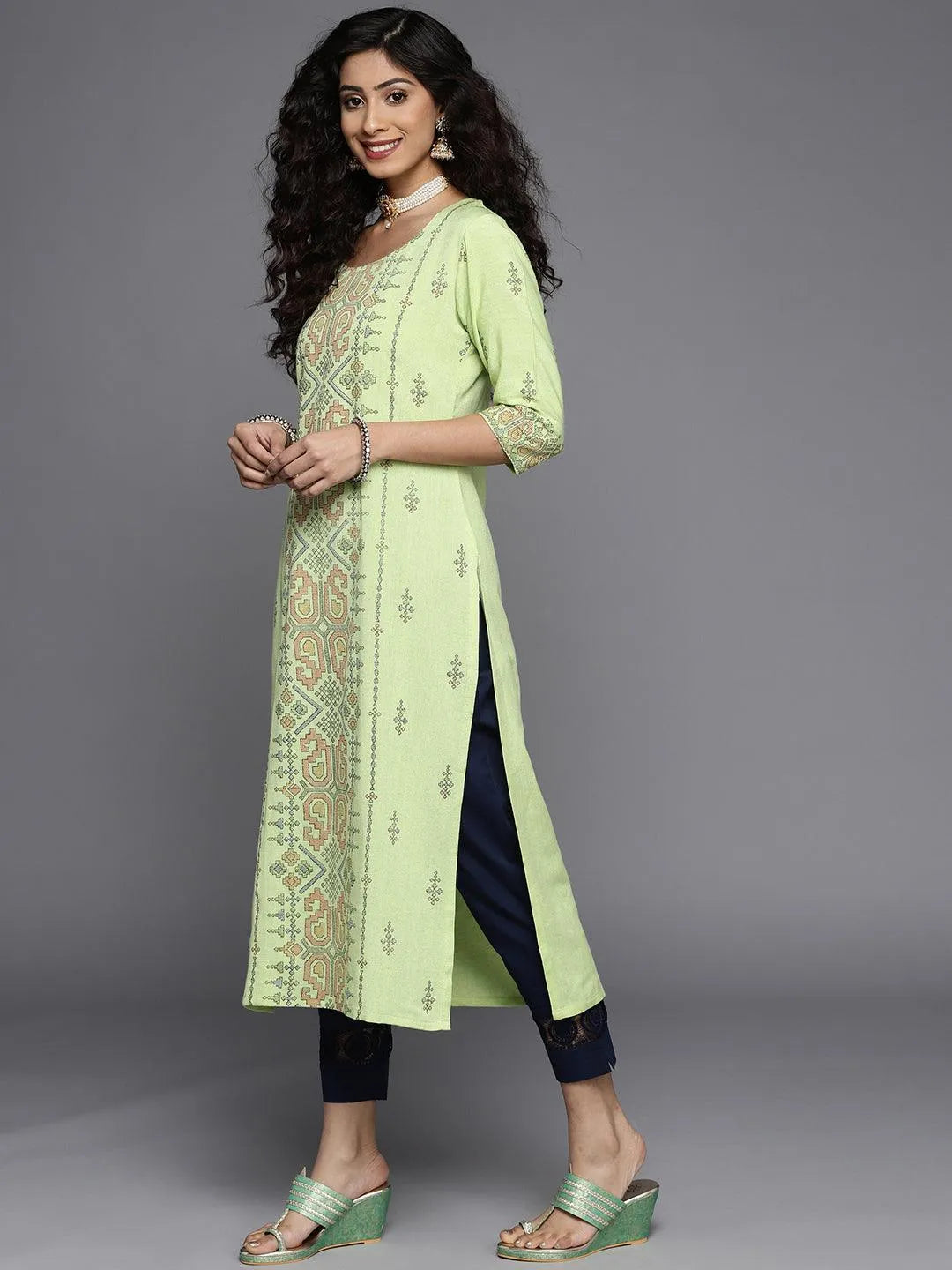 Green Printed Cotton Kurta - Libas