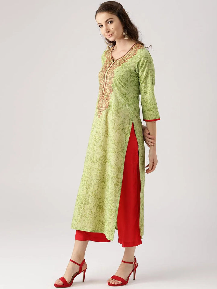 Green Printed Cotton Kurta - Libas