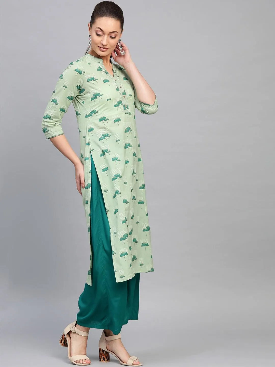 Green Printed Cotton Kurta - Libas