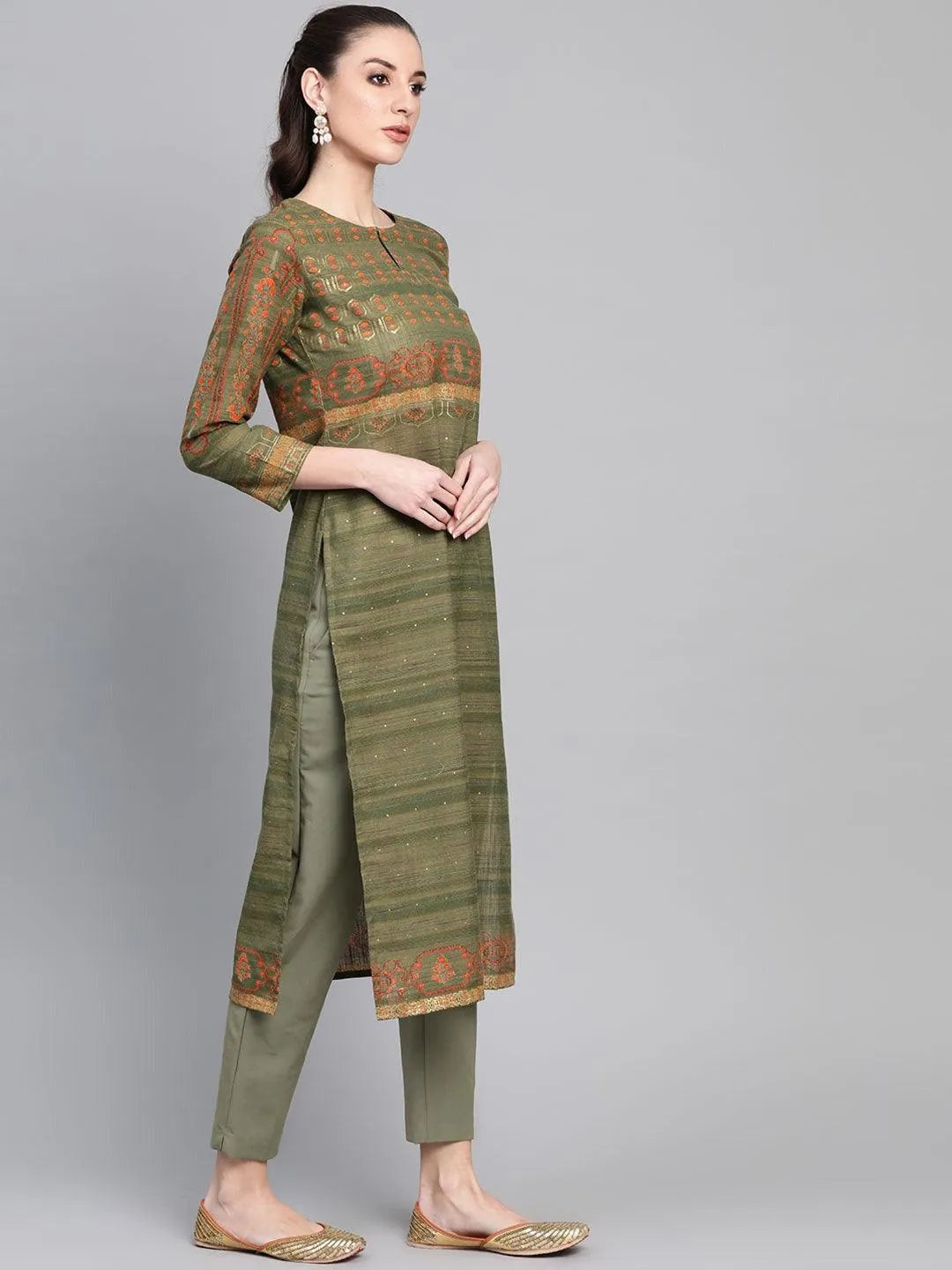 Green Printed Cotton Kurta - Libas