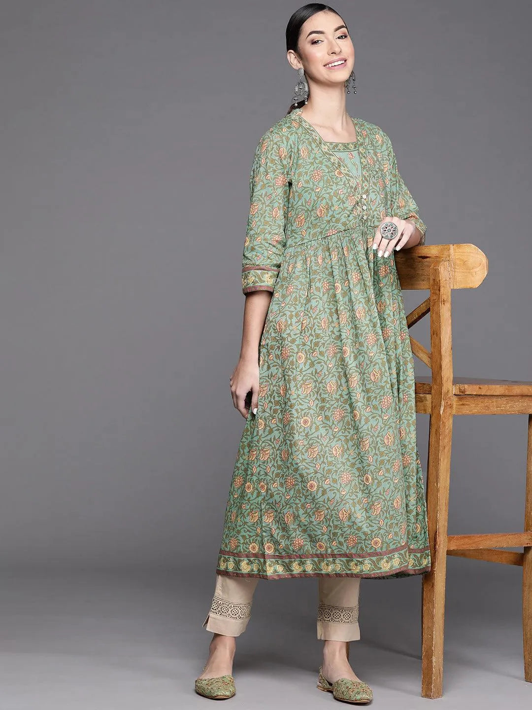 Green Printed Cotton Kurta - Libas 